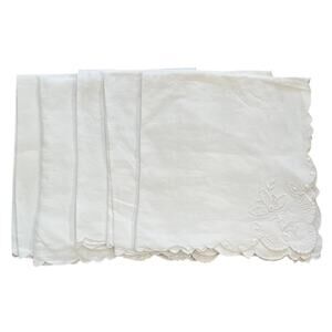 Vintage Cotton White Embroidered, Eyelet, Scalloped Edge Square Napkins Set of 5